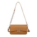 Brown textured faux leather shoulder bag with silver chain strap and buckle - Yellow
