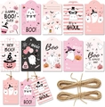 Set dettagliato di etichette regalo Halloween rosa e nere con fantasmi e spago - DP87 (4x7cm)