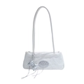 White textured shoulder bag with silver plaque and bow ribbon charm for summer fashion - With Pendant / White