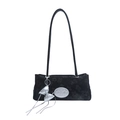 Black underarm shoulder bag with floral texture and silver bow keychain accessory - With Pendant / Black