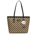 Large striped woven tote bag in black and beige with a quirky plush monster charm - Black