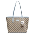 Large capacity striped woven tote bag in yellow and blue with plush charm - Blue