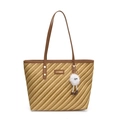 Retro striped woven tote bag in light brown and beige with dark leather shoulder straps - Brown