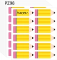 Close-up of yellow pencil-shaped name labels featuring custom text and pink eraser tips - Yellow Pencil Style (PZ98) / 10 Sheets