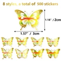 Detail of 8 butterfly sticker styles with metallic finish for gift sealing and DIY crafts - Butterfly Shape / 500 Pieces/Pack / Gold