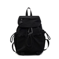 Classic black drawstring nylon backpack with flap closure and utility pockets - Black