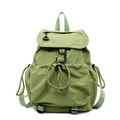 Front view of green nylon drawstring backpack with flap closure and black buckle - Green