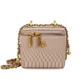 Mini borsa a scatola rosa motivo serpente con ciondolo a fiore dorato e tracolla a catena - Grigio elefante