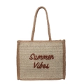 Stroh-Stofftasche in Weiß und Braun mit Summer Vibes Stickerei-Applikation - Cremeweiß mit Braun