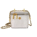 Mini silver vanity bag with snakeskin texture and golden flower accent on chain - Silver