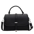Classic black lychee texture leather handbag with silver metal buckle and shoulder strap - Black