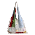 Πλεκτή τσάντα boho με πολύχρωμα κρόσσια patchwork και τρισδιάστατα άνθη - Μπεζ