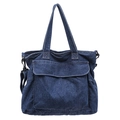 Large dark blue denim tote bag with front pocket and durable double handles - Dark Blue