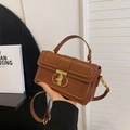 Brown crocodile texture box handbag with gold geometric clasp and top handle - Brown