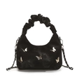 Bolso de mano de terciopelo negro con dijes de mariposa y asa fruncida de moda - Negro
