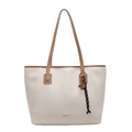White lychee leather tote bag with brown straps and star pendant for daily commute - With Pendant / Off White