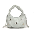 Bolso plisado gris claro con mariposas plateadas y correa de cadena metálica - Verde