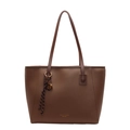 Vintage brown leather tote bag with grainy texture and fashion gold lettering on white base - With Pendant / Brown
