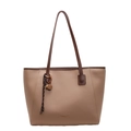 Light coffee lychee pattern PU leather tote bag with dark brown straps and metallic charm - With Pendant / Khaki