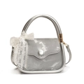 Silver square handbag with hard handle, metal texture and white lace bow detail - Silver