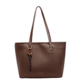 Dark brown large tote bag with lychee texture and woven tassel pendant - With Pendant / Brown