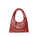 Red retro faux leather handbag with silver metallic rivet studs and wide top handle - Red