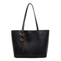 Classic black faux leather tote bag with pebble texture and golden heart charm pendant - Black