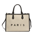 Grande borsa tote in tela beige con ricamo PARIS e manici in ecopelle nera - Grande / Beige e Nero