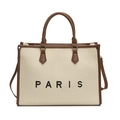 Grande borsa tote in tela beige con scritta Paris e finiture in pelle marrone da donna - Beige e Marrone
