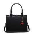 Elegant black leather tote bag with scalloped edges, gold logo and cherry charm detail - Black