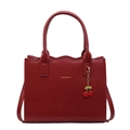 Deep red bridal tote bag with wavy top edge and gold logo plus cherry charm detail - Burgundy