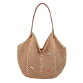 Khaki woven tote bag with colorful bows and brown leather straps for summer beach use - Khaki