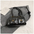 Schwarze Retro-Lederhandtasche mit Gold-Schnallen und praktischen Klapptaschen im Trend - Schwarz ohne Anhänger