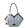 Blauw-wit gestreepte canvas shopper met zwart lederen rand en V-vormige opening - Blauw