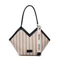 Verticaal gestreepte beige en witte draagtas met V-hals en zwarte lederen hengsels - Khaki