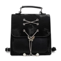 Stylish black leather and suede backpack with silver butterfly buckle and pearl chain - Black