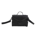 Minimalist black PU leather crossbody bag with metal buckle and top handle on white background - Black