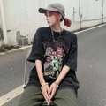 Oversized washed black cotton t-shirt featuring vintage red rose graphic print and relaxed fit - 3XL / Washed Black