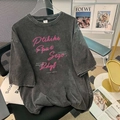 Oversized dark grey vintage acid washed cotton T-shirt with pink graffiti print - M / Washed Black
