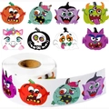 500-count Halloween sticker roll featuring 8 unique cartoon characters and icons - Purple Bat And Unicorn Style (CI38)