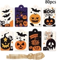 Dettaglio di 80 etichette regalo di Halloween con motivi di zucca e corde di iuta - Set di 8 Modelli (DP83)