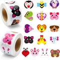 Rotolo di 500 simpatici adesivi a cuore con animali come gatti e piccoli dinosauri - Tema Animali Carini Forma a Cuore (CJ26) / 2.5cm/1inch