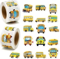 Detail showing various school bus cartoon stickers and two rolls in vibrant yellow colors - Yellow School Bus Cartoon Theme (CJ28) / 2.5cm/1inch