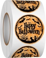 Primo piano di un rotolo di adesivi Happy Halloween con gatti neri e ragnatele - Stile Festivo Vintage Arancione Nero (CK23) / 1 pollice - 2,5 cm