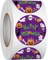 Primo piano di un rotolo di adesivi rotondi di Halloween con zucche e fantasmi - Stile Festivo Carino Viola (CK24) / 1 pollice - 2,5 cm