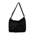 Minimalistische schwarze Canvas-Umhängetasche mit Kordelzug und funktionellen Taschen - Schwarz