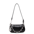 Retro black wrinkled leather shoulder bag with silver chain and sphere charm - With Pendant / Black