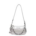 Metallic silver leather underarm bag with cracked texture and decorative metal chains - Silver