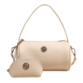 Bolso cilíndrico beige de piel con textura y monedero de media luna a juego - Blanco