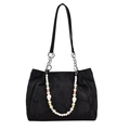 Elegant black tote bag featuring a colorful beaded strap and jacquard heart pattern - With Pendant / Black